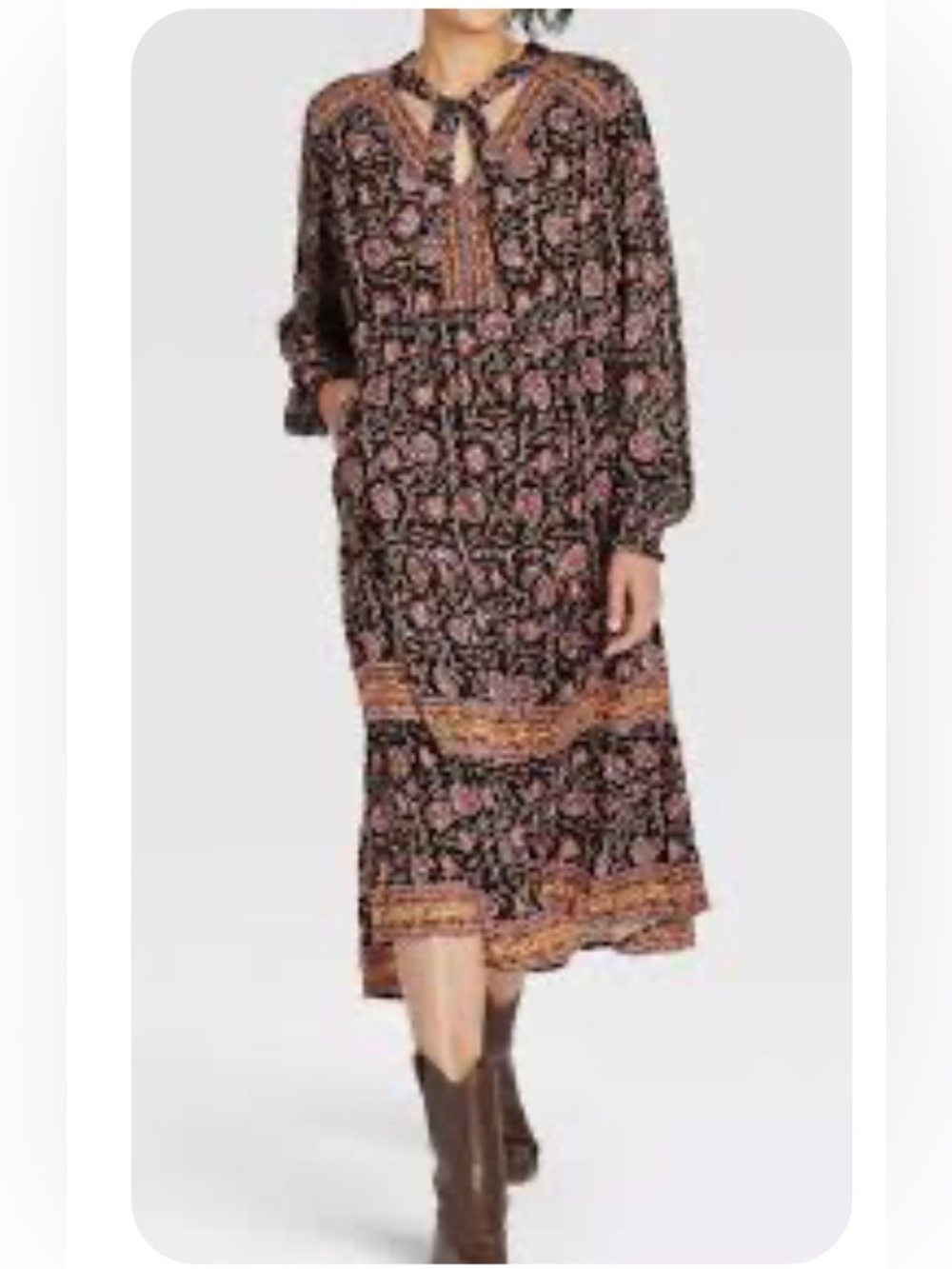 Knox Rose Boho Black Floral Boho Midi Dress Long Sleeve Tiered Cottagecore XL